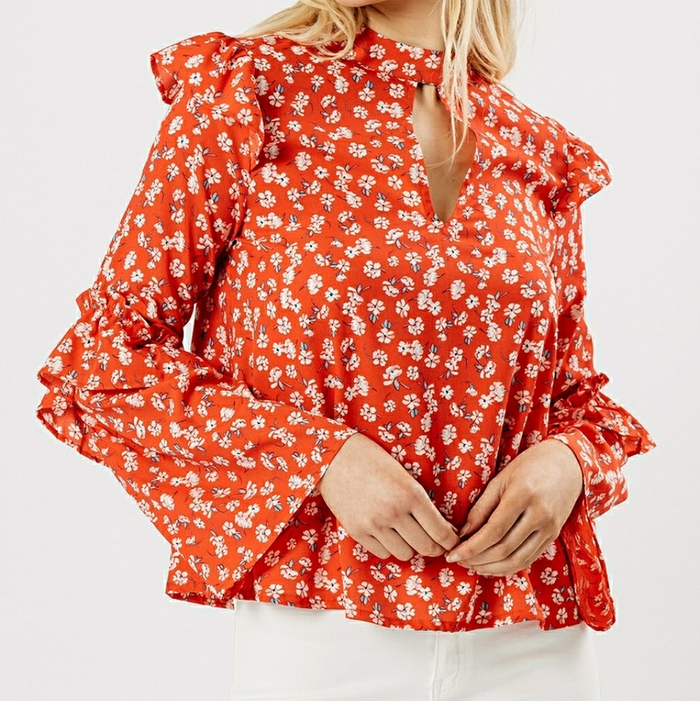 Red floral print frill top